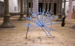Mario Fischer; 'Spannungsbogen | Arc Of Suspense' 2012. Steel, wood walking stick, rubber, plastic, screws, primer, acrylic lacquer (60 x 150 x 137 cm)